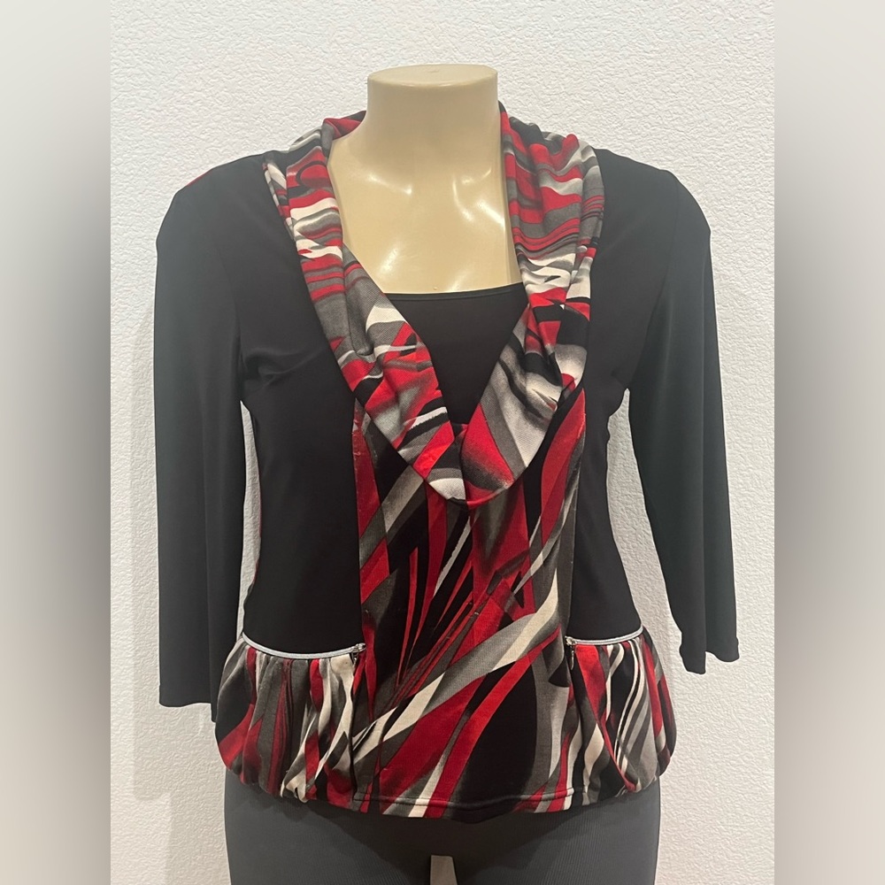Women's Size Xl Bali Red/‎ Black Relax Long Sleeve Blouse.